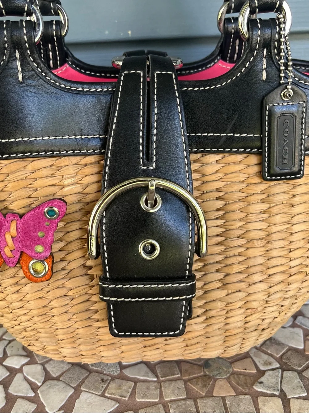 Coach Straw Tote with Black Leather Trim and Pink Accents